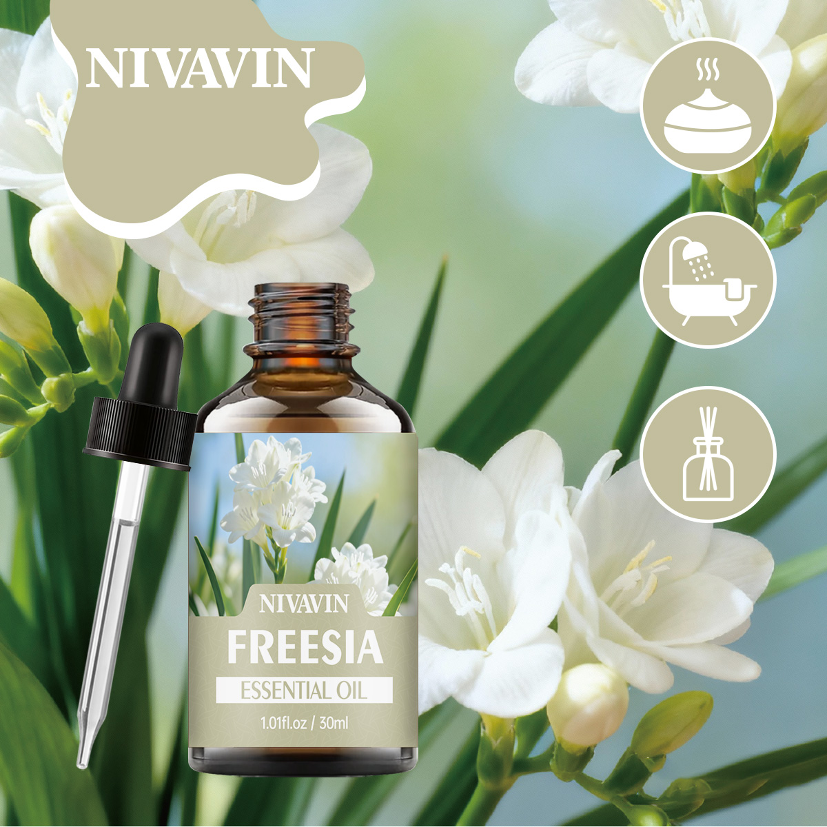 Home Fragrance Co - NIVAVIN 30ml/60ml/100ml Minyak Esensial Freesia, ekstrak